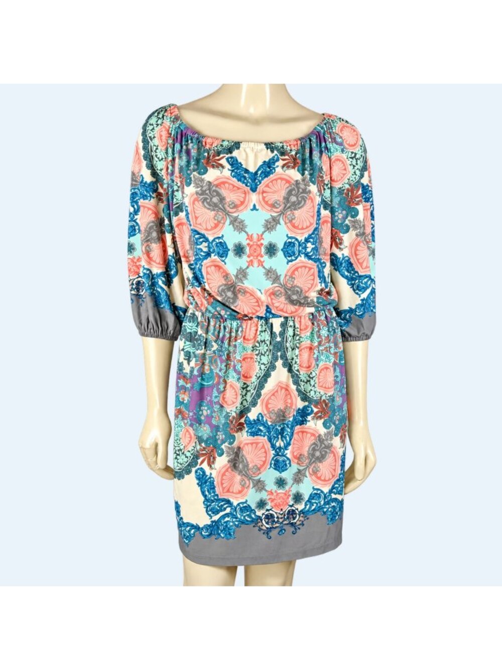 Boston Proper Womens 6 Multicolor Floral Blouson Stretch Dress 3/4 Sleeve Knee